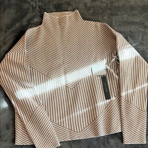 Tahari Beige and White Striped Turtleneck Sweater